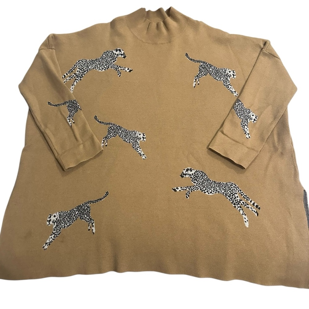 ENTRO Camel Brown/Tan Cheetah Print Mock Neck Relaxed Knit Sweater/Size: XL - Picture 2 of 10